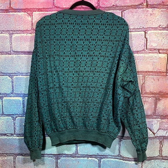 Jhane Barnes Men’s Large Vintage Teal Black Pattern Sweater 90s Knit Hong Kong - Picture 3 of 13